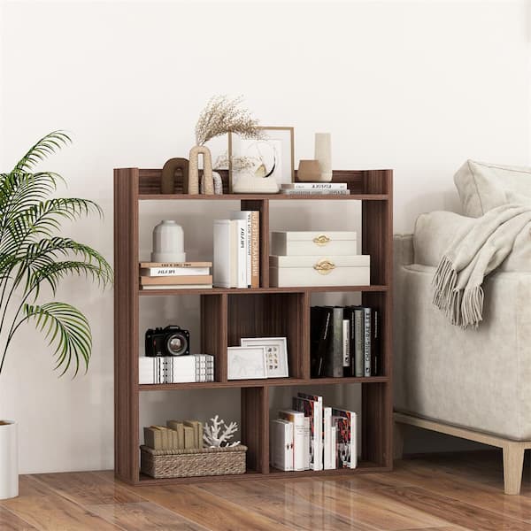 35.5 in. Tall Walnut Wood 7-Shelf Open-back Free-standing Horizontal Bookcase with Anti-Toppling