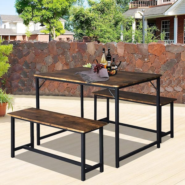 Cesicia Space-Saving Black 3-Piece Metal Dining Set with 2 Benches and Rustic Brown Wood Tabletop for 4-Person