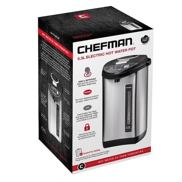 Chefman Electric Hot Water Pot Urn w/ Auto & Manual Dispense Buttons,  Safety Lock, Instant Heating for Coffee & Tea, Auto-Shutoff/Boil Dry  Protection, Insulated Stainless Steel, 5.3L/5.6 Qt/30+ Cups