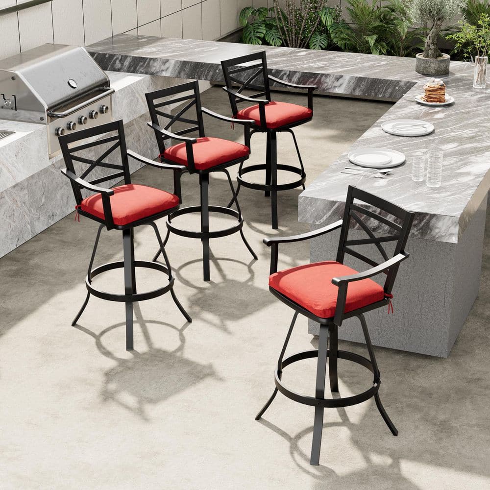 Swivel Patio Cast Aluminum Outdoor Bar Stool Chairs with Sunbrella Red Cushion and Armrests (4-Pack) price history on PriceWatchPro