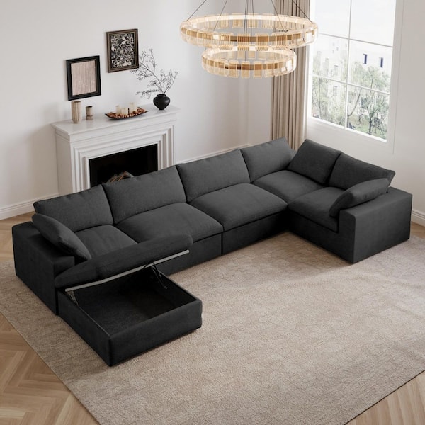 157.32 in. Square Arm 6-piece Linen Down Sectional Sofa with Storage in. Black