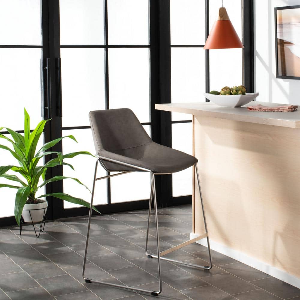 Ash Grey Leather and Silver Metal Hairpin 25" Counter Stool