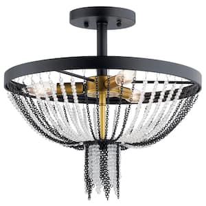 Alexia 16 in. 3-Light Textured Black Hallway Traditional Semi-Flush Mount Ceiling Light with Crystal Beads