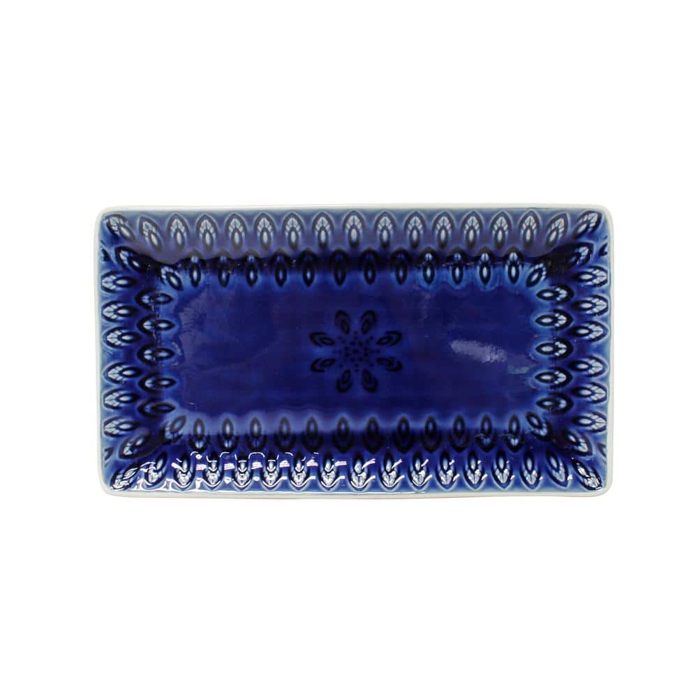 Euro Ceramica Peacock Crackle-Glaze 12 in. Blue Stoneware Rectangular Platter