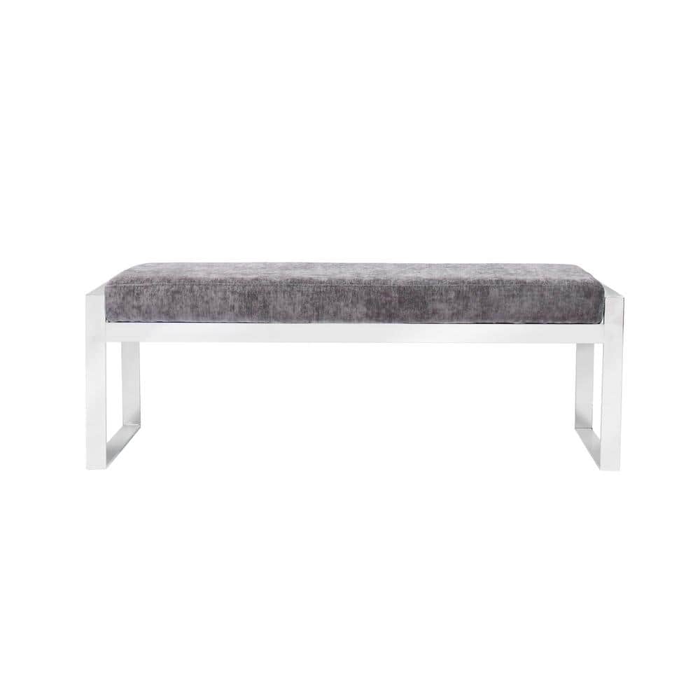 Gray Velvet Upholstered Bench with Stainless Steel Legs