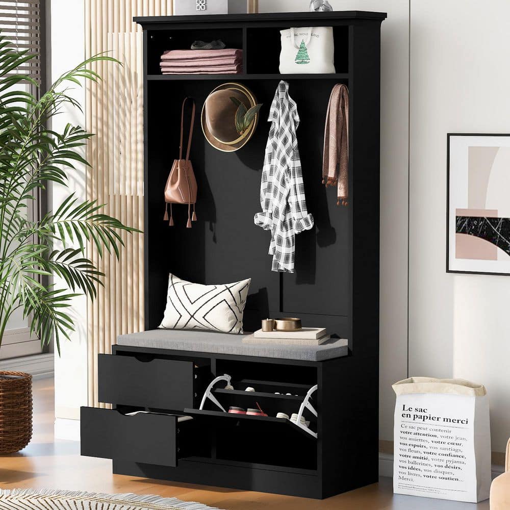 40.6 in. W x 17.7 in. D x 71.1 in. H Black Wood Linen Cabinet with Hall Tre