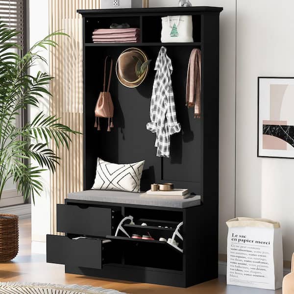 Unbranded 40.6 in. W x 17.7 in. D x 71.1 in. H Black Wood Linen Cabinet with Hall Tree, Storage Bench, 4-Hooks and Hanging Bar