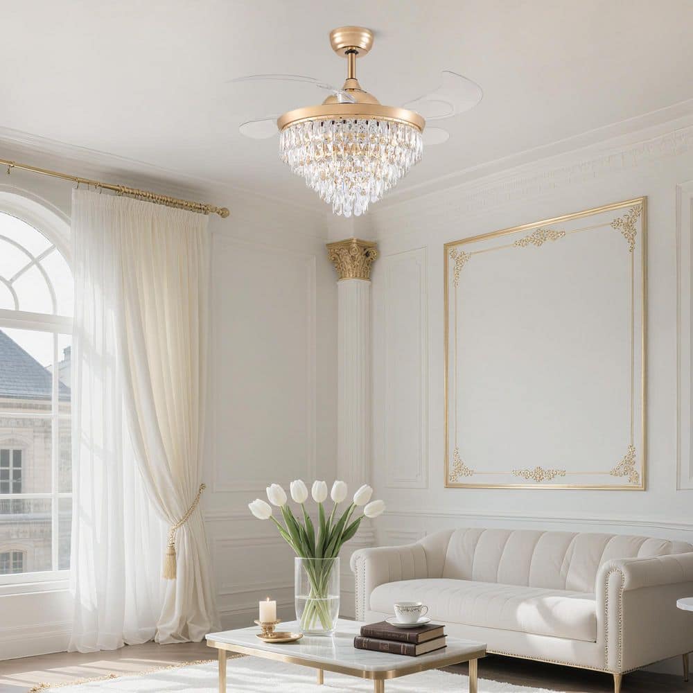 48 in. Modern Indoor Gold Retractable Crystal Ceiling Fan with light and Remote, Chandelier Ceiling fan Downrod Mount price history on PriceWatchPro