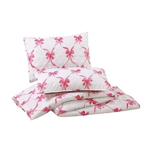 Abigail 3-Piece Pink/White Bow Microfiber Full/Queen Quilt Set