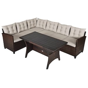 3-Piece Wicker Outdoor Sofa Sectional Set with Slatted Structure Table and Beige Cushions