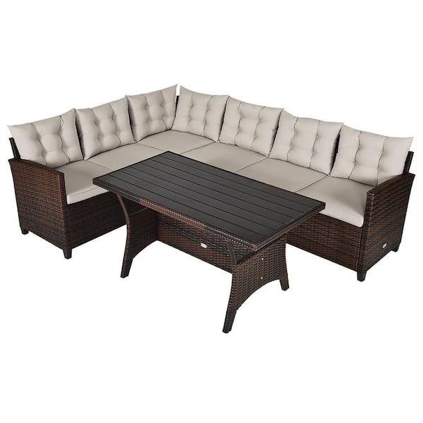 FORCLOVER 3-Piece Wicker Outdoor Sofa Sectional Set with Slatted Structure Table and Beige Cushions