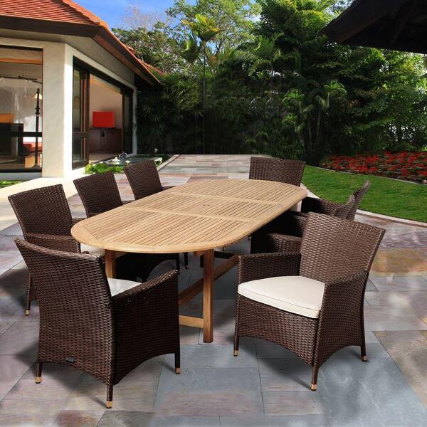 Amazonia Powell 9-Piece Teak Extendable Oval Patio Dining Set with Off-White Cushions