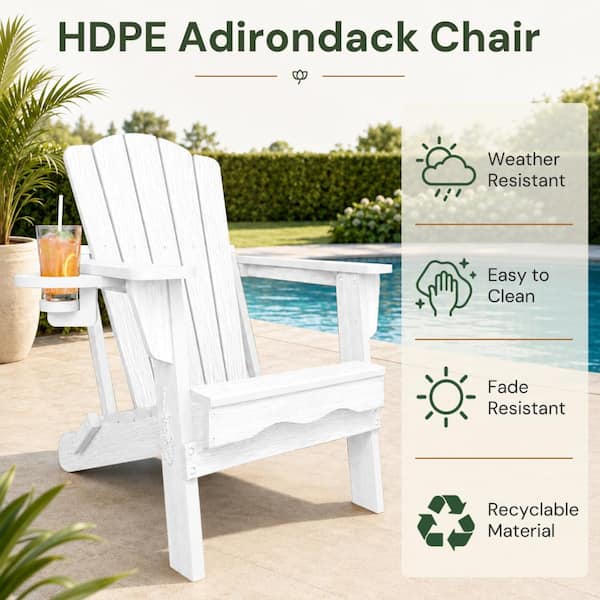 Thoeoe White HDPE Outdoor Folding Adirondack Chair with Cup Holder