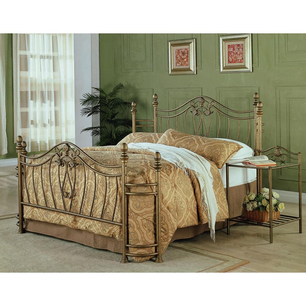 Antique Brushed Gold Metal Nightstand with Glass Top