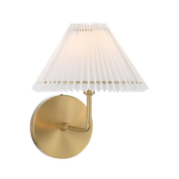 Savoy House 1-Light Natural Brass Wall Sconce with White Pleated Fabric Shade