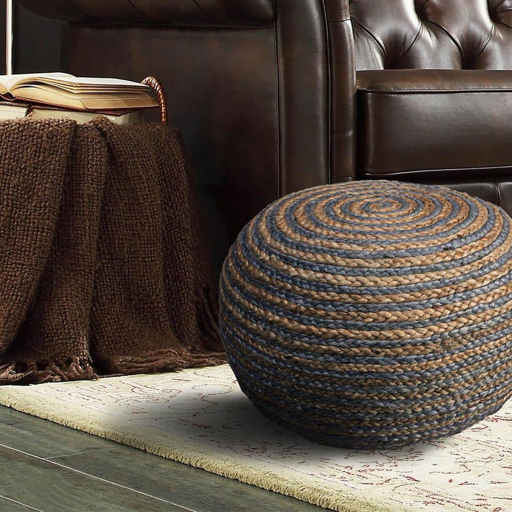 Handmade Striped Braided Jute & Cotton Pouf in Gray, 20" x 14"