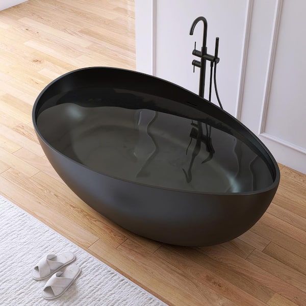 63 in. x 38.5 in. Wave Stone Resin Solid Surface Flatbottom Freestanding Soaking Bathtub in Matte Black