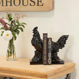 Black Ceramic Rooster Bookends with Enamel Exterior (Set of 2)