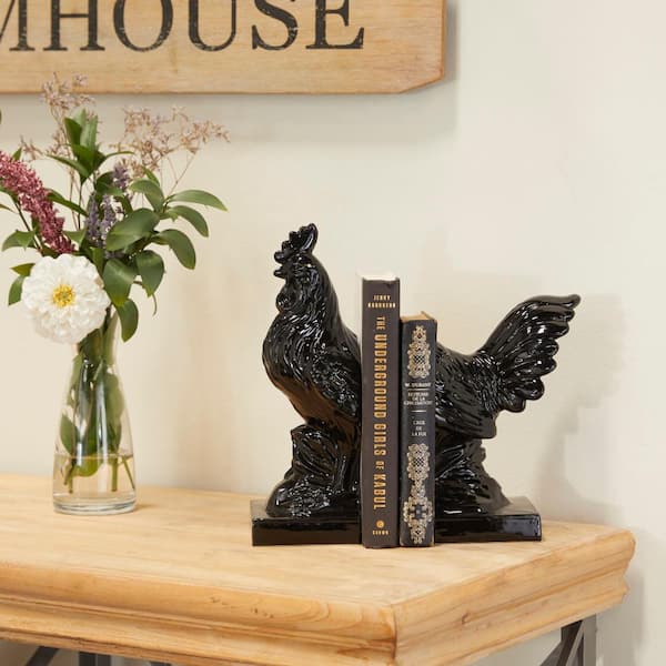 Novogratz Black Ceramic Rooster Bookends with Enamel Exterior (Set of 2)