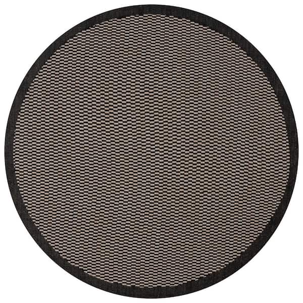 Beach House Black/Beige 7 ft. x 7 ft. Geometric Border Indoor/Outdoor Round Area Rug