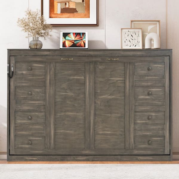 Briana Brown Wood Frame Full Size Murphy Bed, Hidden Wall Bed Cabinet with Folding into Cabinet, LED Light