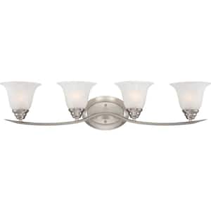 Trinidad 4-Light Indoor Brushed Nickel Bath or Vanity Wall Mount with Alabaster Glass Bell Shades
