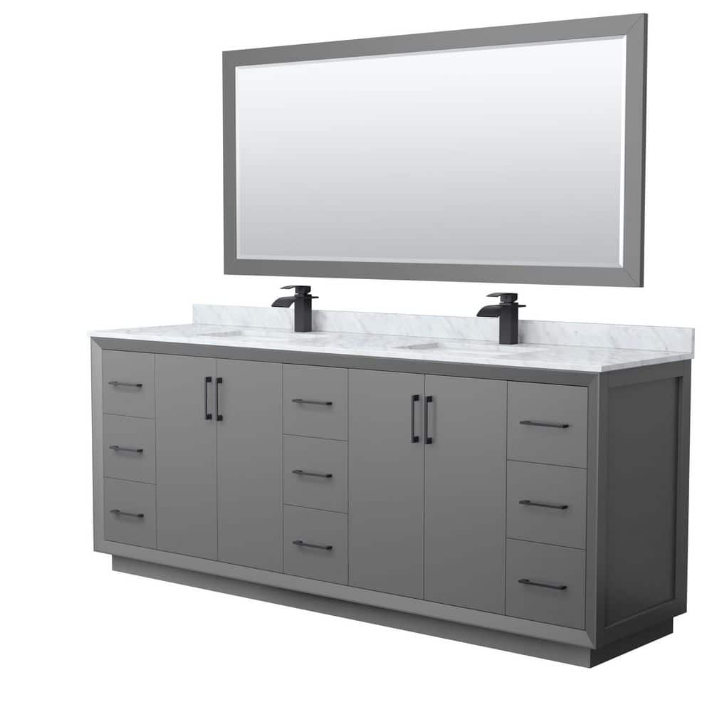 Wyndham Collection Strada 84 in. W x 22 in. D x 35 in. H Double Bath Vanity in Dark Gray with White Carrara Marble Top and 70 in. Mirror, Dark Gray with Matte Black Trim -  WCF414184DGBCMUNSM70