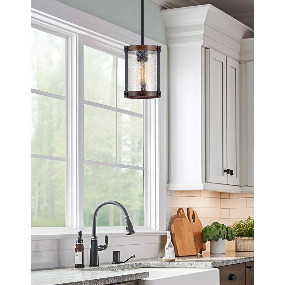 Hadley 9" Modern Farmhouse Crackled Glass Pendant Light, Textured Black