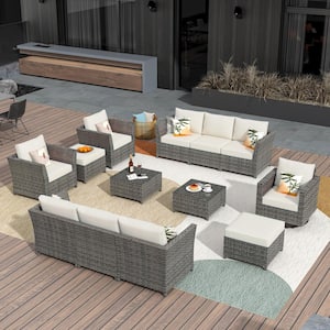 Bexley Gray 13-Piece Wicker Patio Conversation Seating Set with Fine-Stripe Beige Cushions and Swivel Chairs