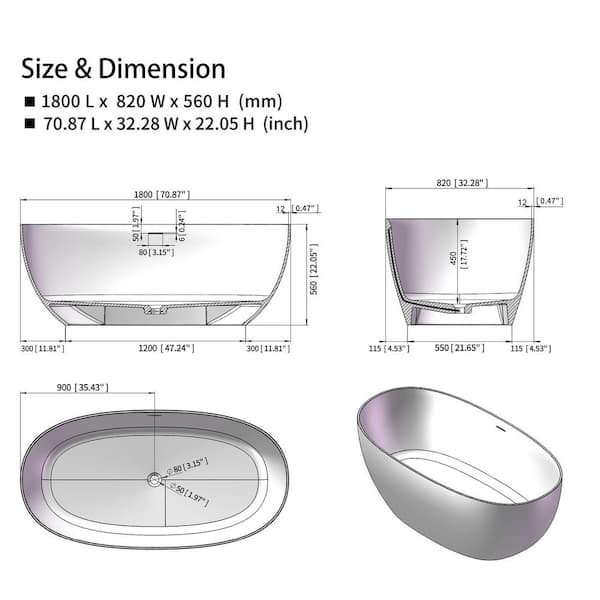 Moray 71 in. x 32 in. Solid Surface Stone Resin Flat Bottom Freestanding Double Slipper Soaking Bathtub in Matte White