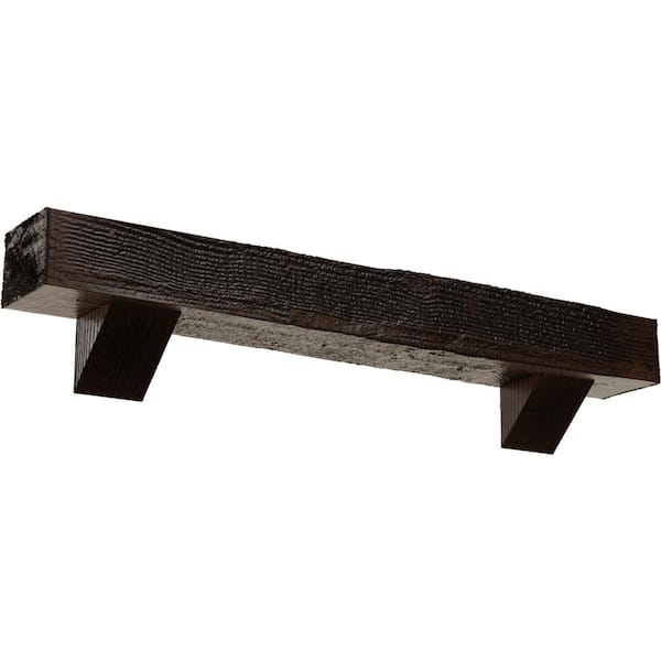 Ekena Millwork 8 in. x 12 in. x 5 ft. Rough Sawn Faux Wood Fireplace Mantel Kit, Breckinridge Corbels, Premium Aged