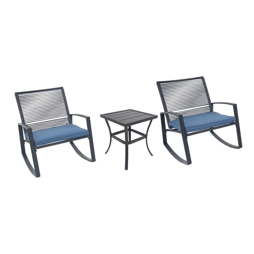 3-Piece Black Metal Outdoor Rocking Recliner with Blue Cushions and Steel Side Table price history on PriceWatchPro