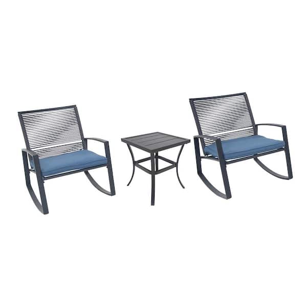 3-Piece Black Metal Outdoor Rocking Recliner with Blue Cushions and Steel Side Table