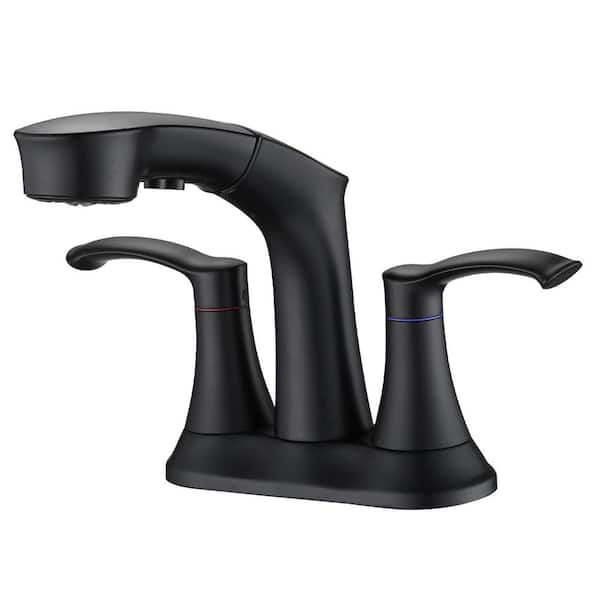 Pdpbath 4 in. Centerset Double Handle Pull Out Sprayer Bathroom Faucet 3-Hole in Matte Black
