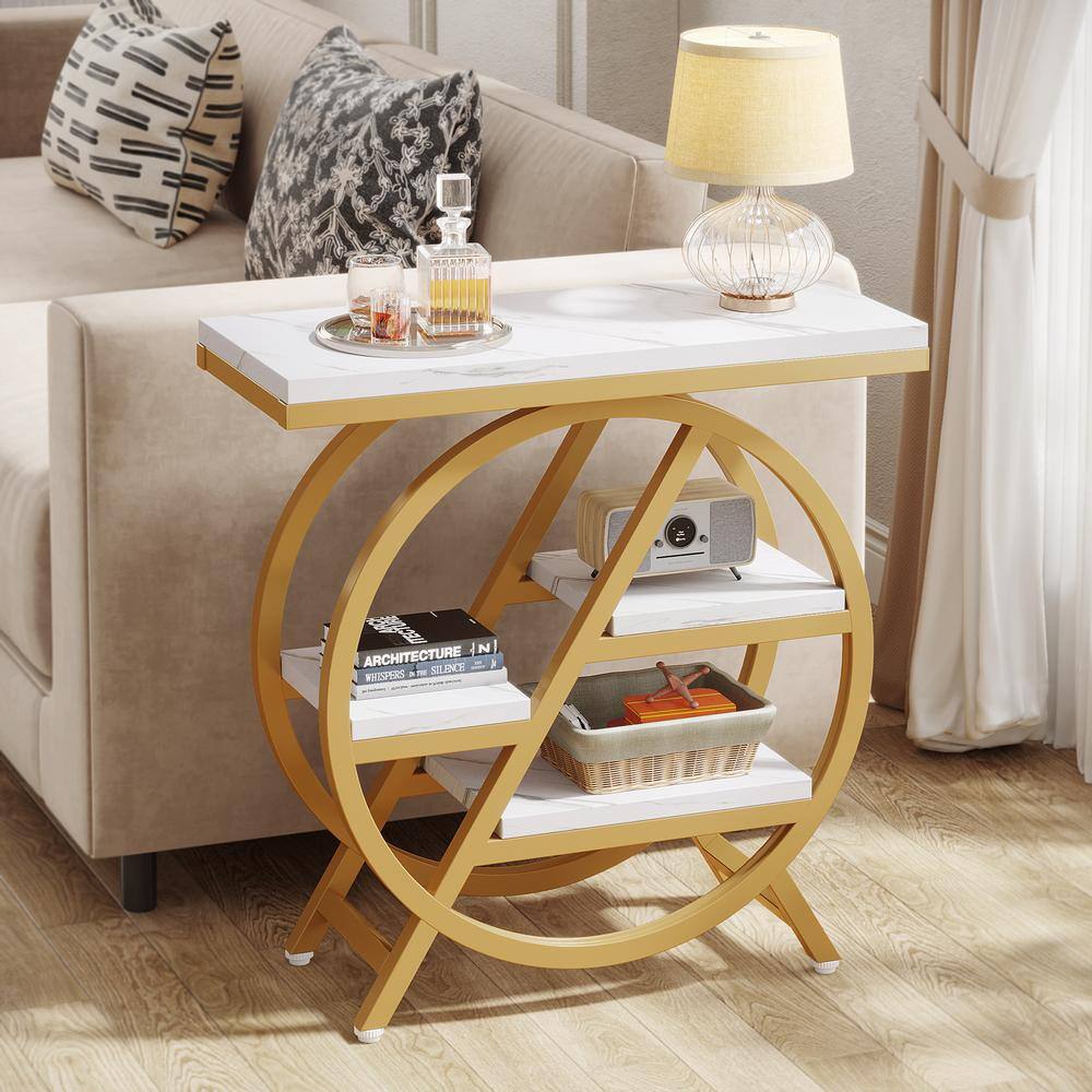 25.59 in. Rustic Brown Rectangle Engineered Wood End Table, 3-Tier Narrow Side Table with Storage - thumbnail 5