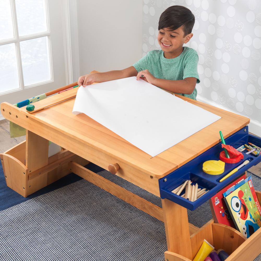 Natural Wooden Art Table with Drying Rack and Storage Bins