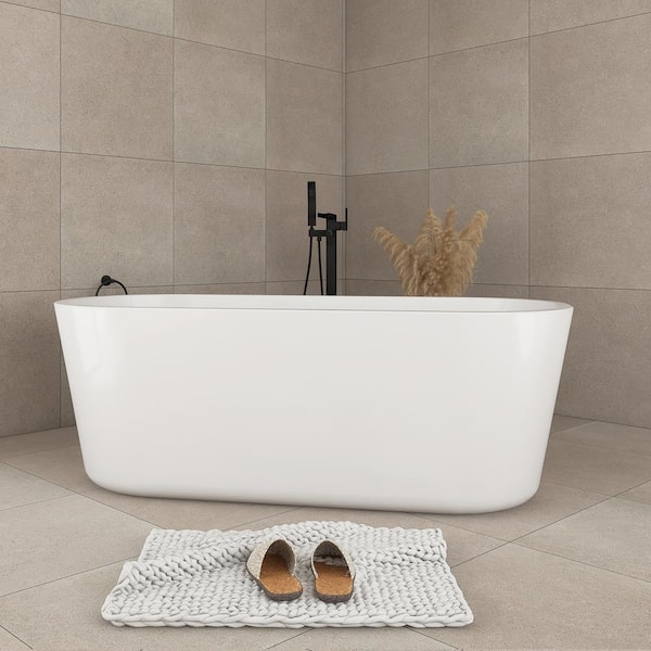 63 in. Acrylic Freestanding Flatbottom Soaking Bathtub in Glossy White with Drain