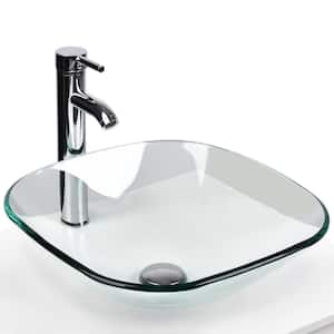 Clear Glass Square Vessel Sink with Faucet Pop-Up Drain Combo