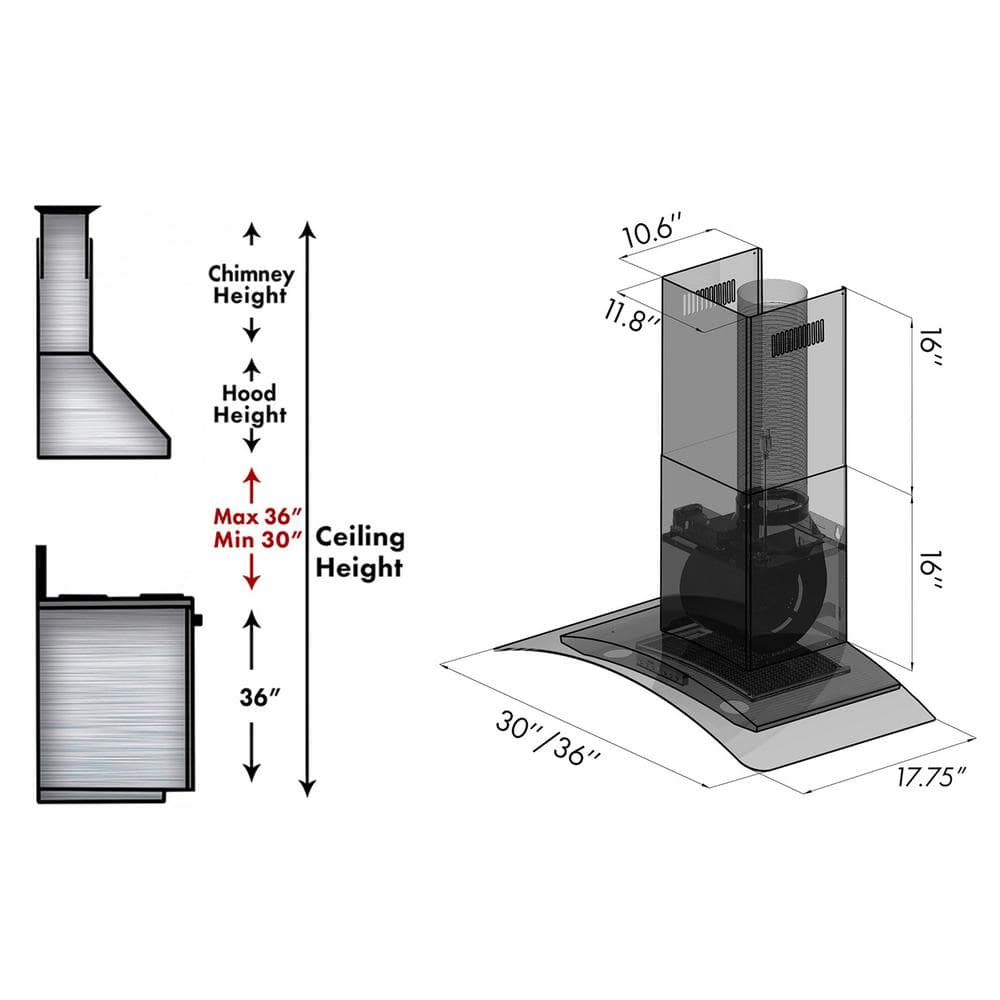 36" Stainless Steel Convertible Wall Mount Range Hood with Charcoal Filter