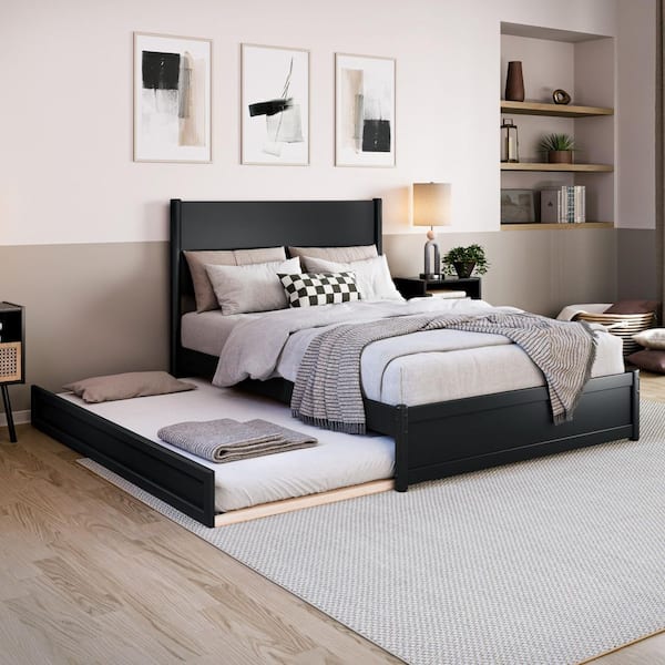 Ronan Black Wood Frame Full Platform Bed with Footboard and Twin Trundle