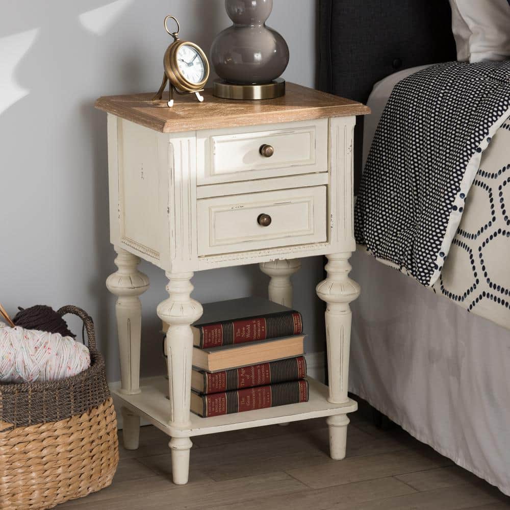 French Provincial White and Oak 2-Drawer Nightstand