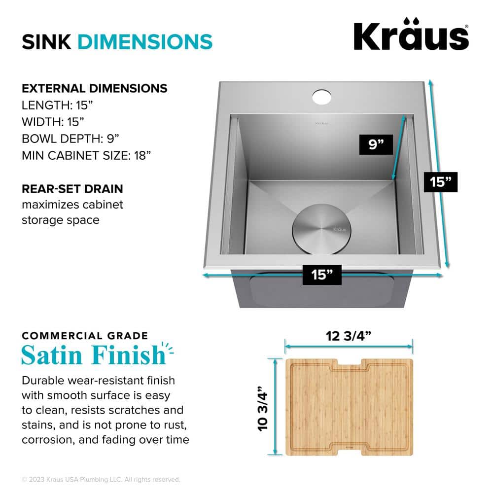 Kore 15" Stainless Steel Single Basin Bar Sink with Bamboo Cutting Board