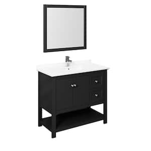 Manchester 42 in. W Bathroom Vanity in Black with Quartz Stone Vanity Top in White with White Basin and Mirror