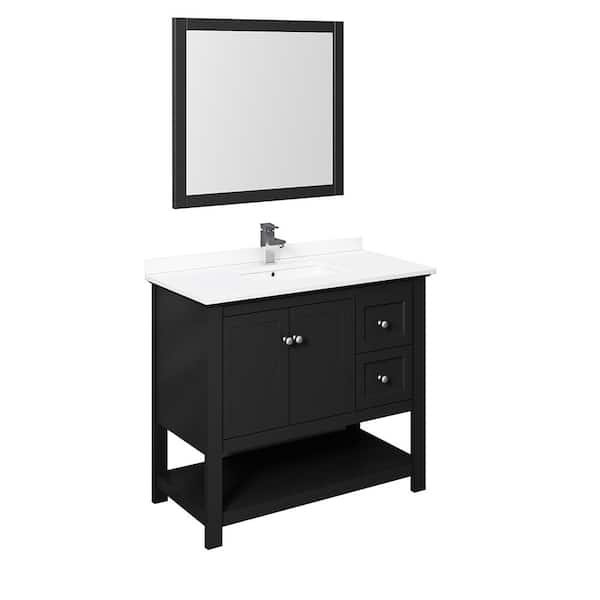 Fresca Manchester 42 in. W Bathroom Vanity in Black with Quartz Stone Vanity Top in White with White Basin and Mirror