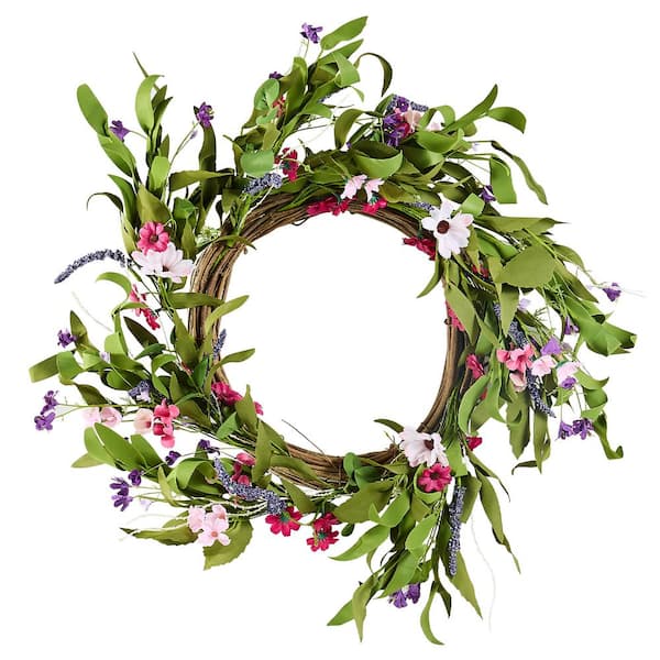 VEVOR Decorative Wreath 22 in. Artificial Wreath Pink Green Decorated with Daisies Babysbreath Buds Year Round Wreath