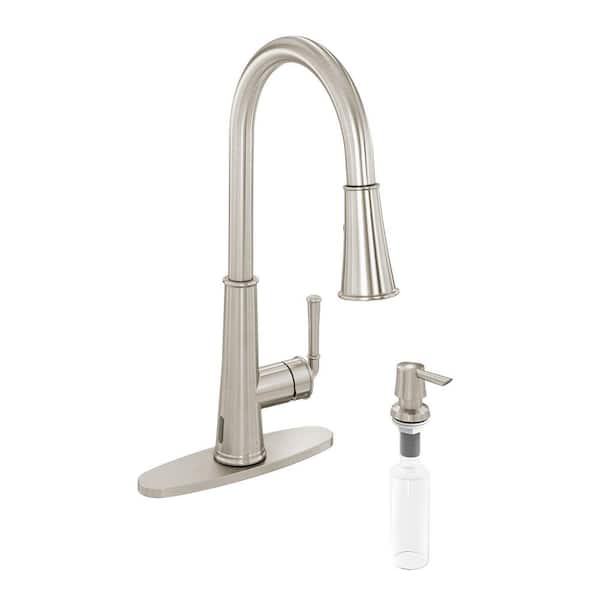 17.31 in. 360 Degree Spout Swivel Single Handle Pull Down Sprayer Kitchen Faucet with Soap Dispenser in Brushed Nickel