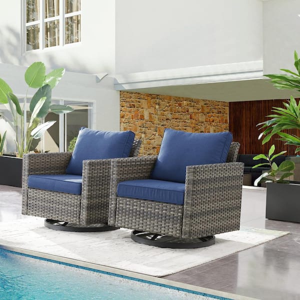 Gray Wicker Outdoor Rocking Chair, Patio Swivel Gliders with Navy Blue Cushions for Porch or Balcony (2-Pack)
