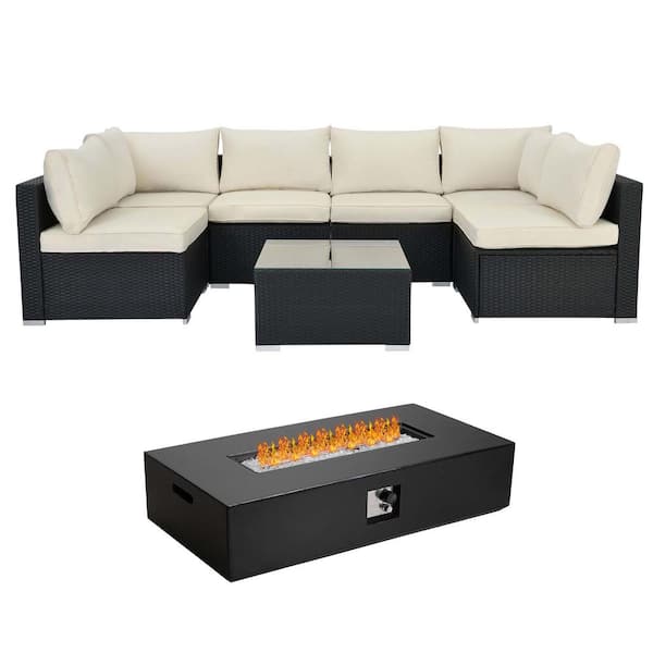 Sudzendf Black 8-Piece Wicker Patio Conversation Set, Sofa Set with Beige Cushions, Glass Table and Fire Pit