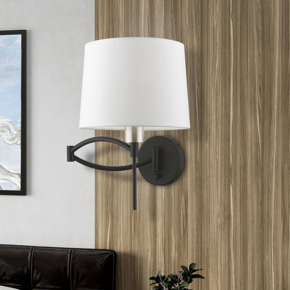 Black and Brushed Nickel Swing Arm Wall Lamp with Off-White Shade
