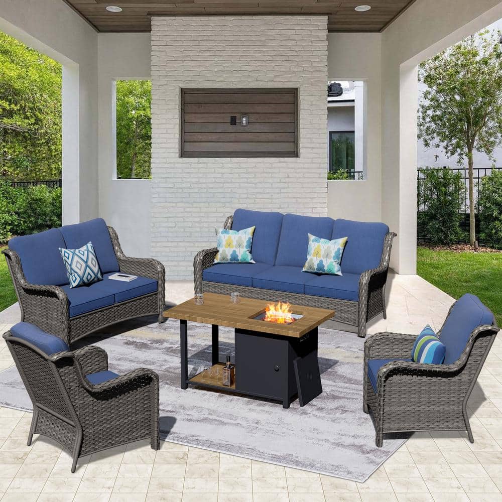 OVIOS Joyo Ung Gray 5Piece Wicker Outdoor Patio Fire Pit Table